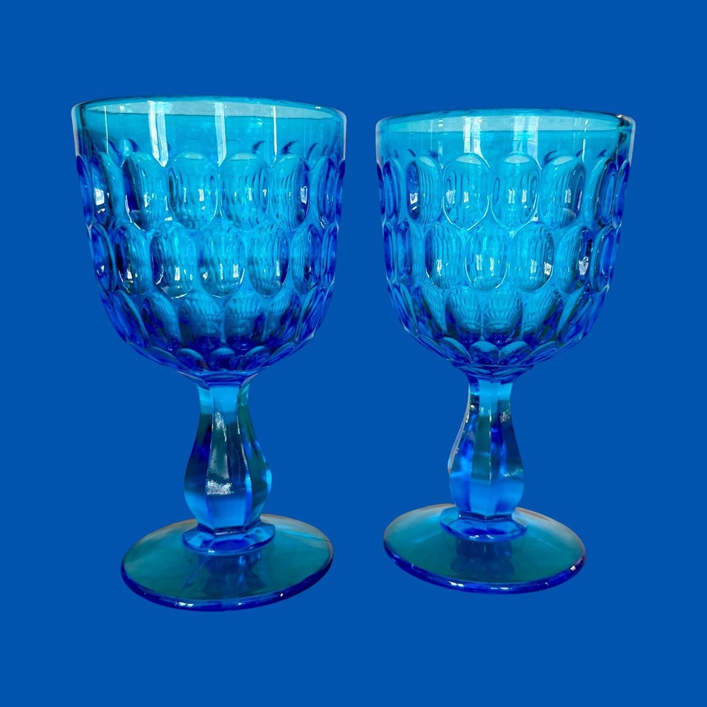 Vintage Fenton Colonial Blue Thumbprint Honeycomb Pattern Water Goblets Set of 2